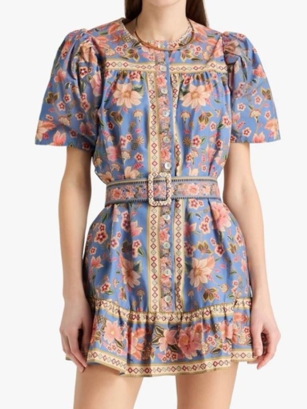 Farm Rio Superbloom Tapestry Blue Mini Dress Size M | Puff Sleeve Floral Cotton
